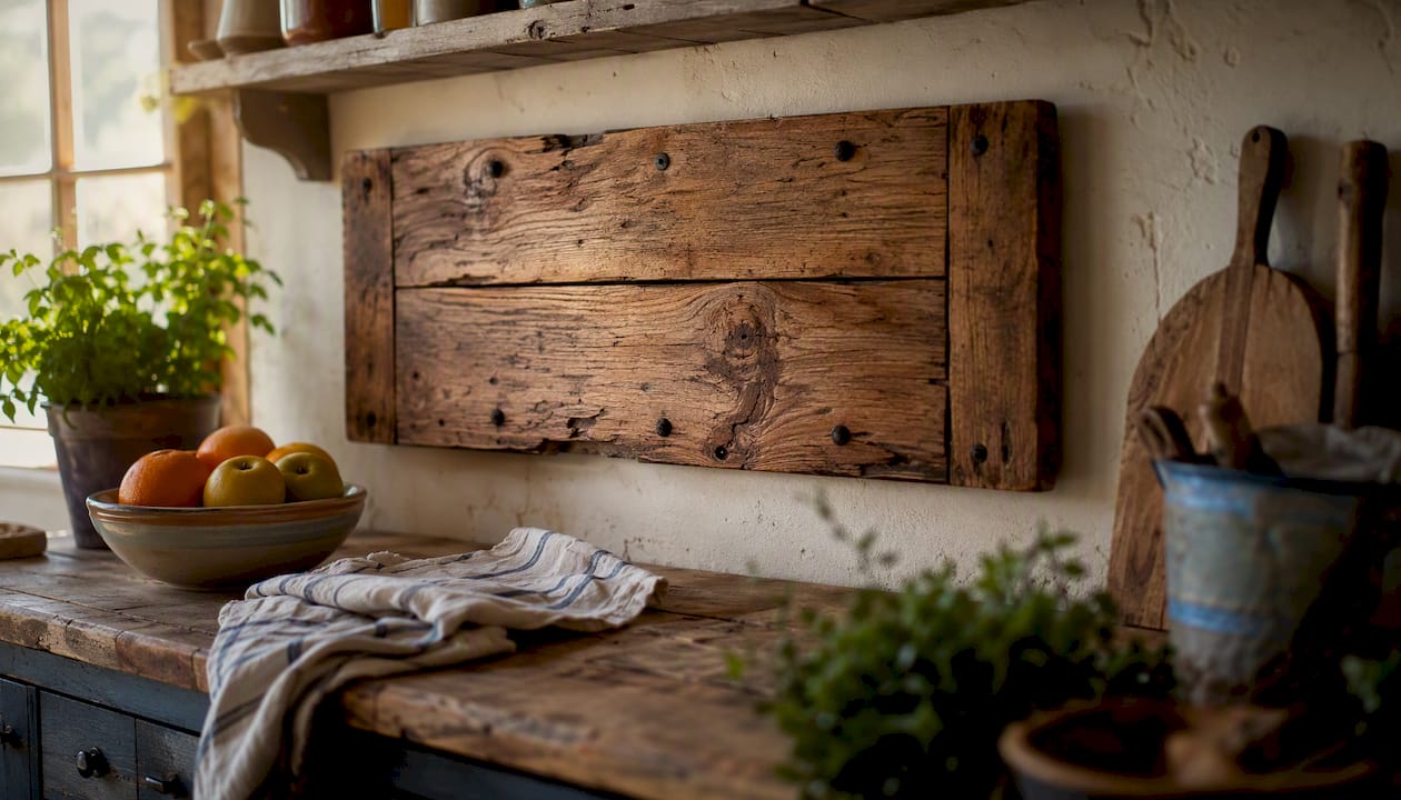 Rustic wooden plank sign in modern farmhouse kitchen