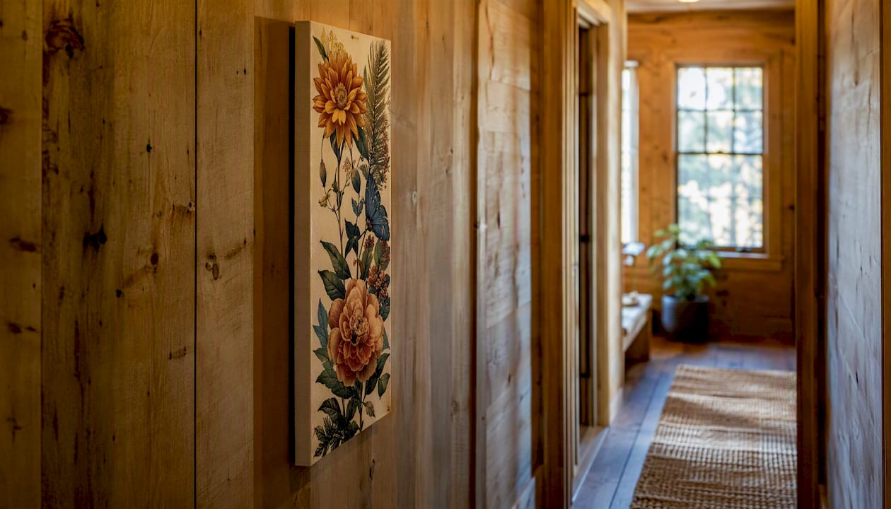 Vertical botanical print in a farmhouse hallway