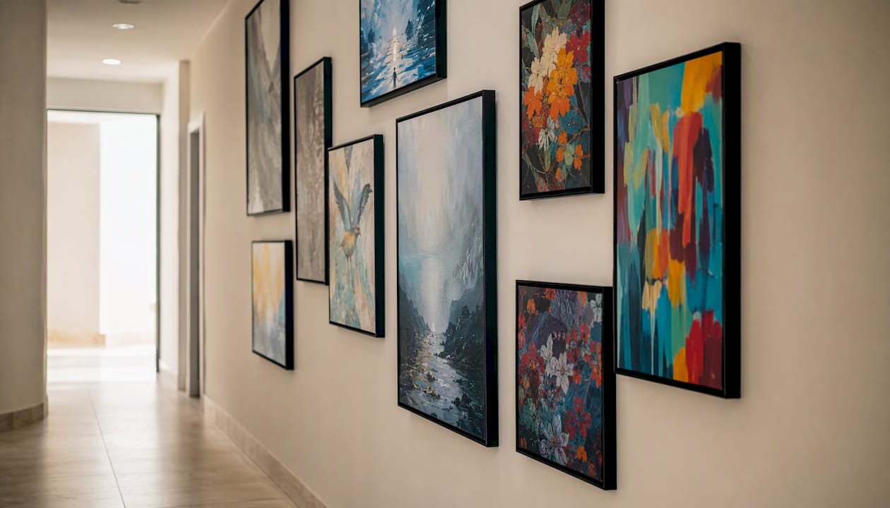 Vertical series of framed art in hallway