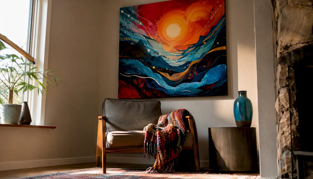 Abstract art above sofa with balanced proportions