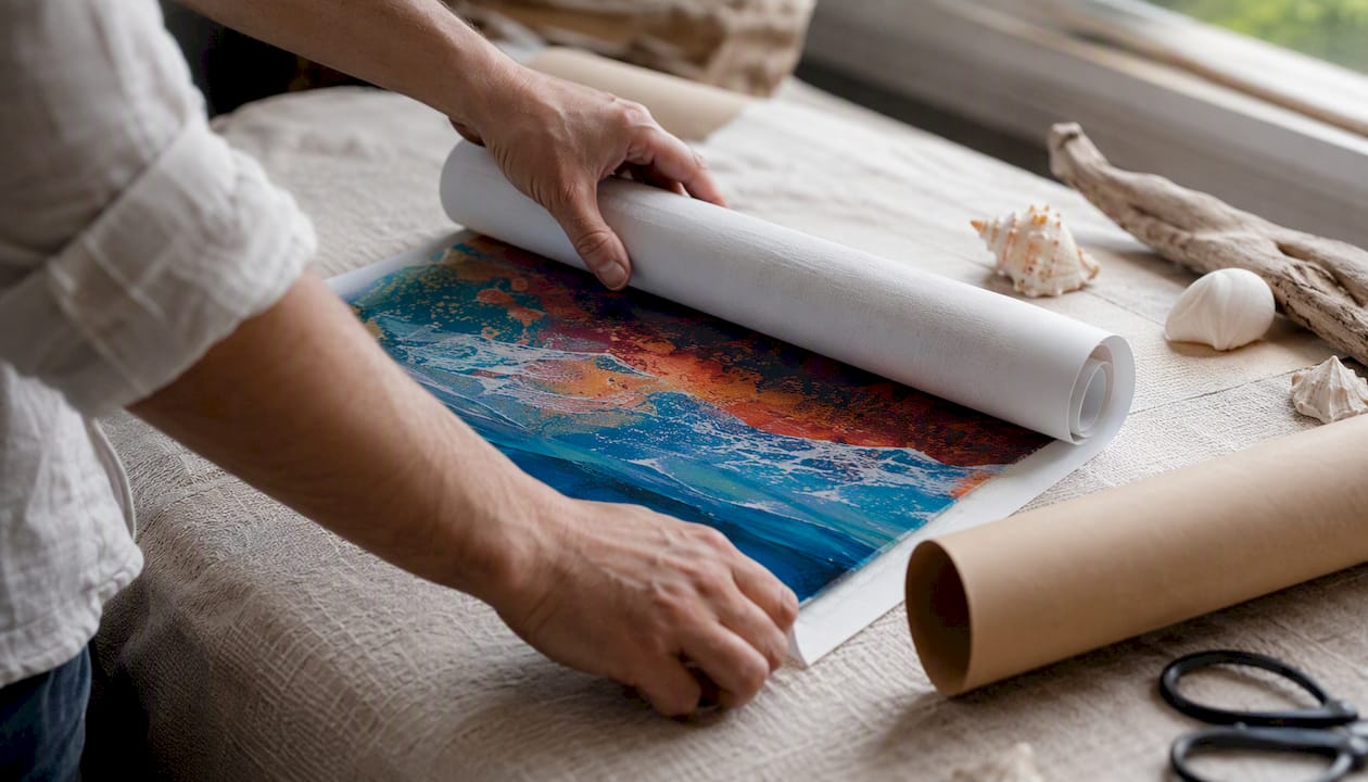 Hands wrapping a canvas print gift