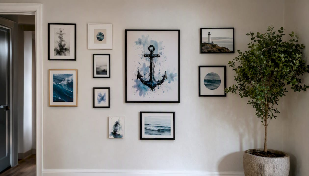 Curated gallery wall with anchor art piece