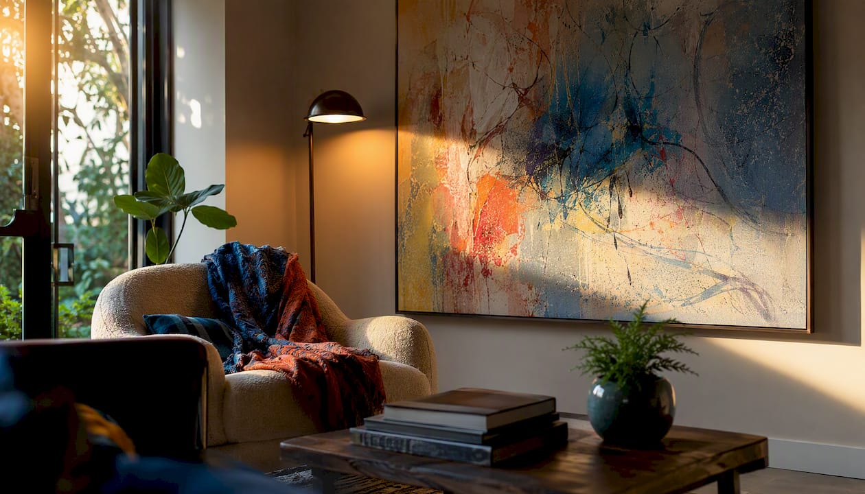 Art lit by natural and artificial light in living room