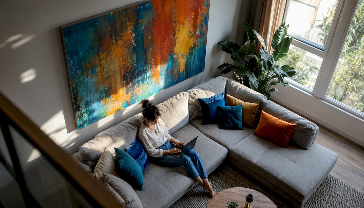 Living room with abstract art in complementary and analogous colors