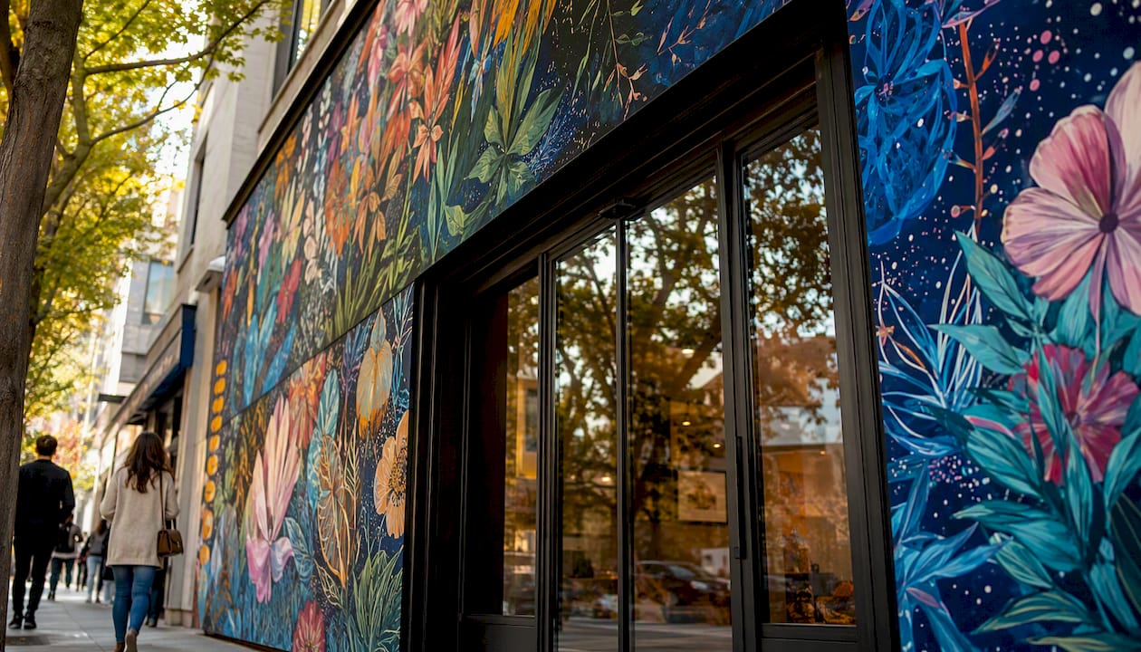 Retail store entrance with large mural art