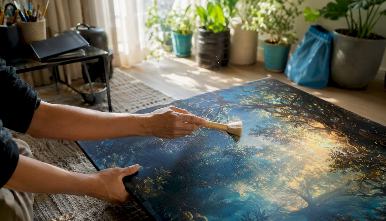 Person dusting canvas surface with soft brush