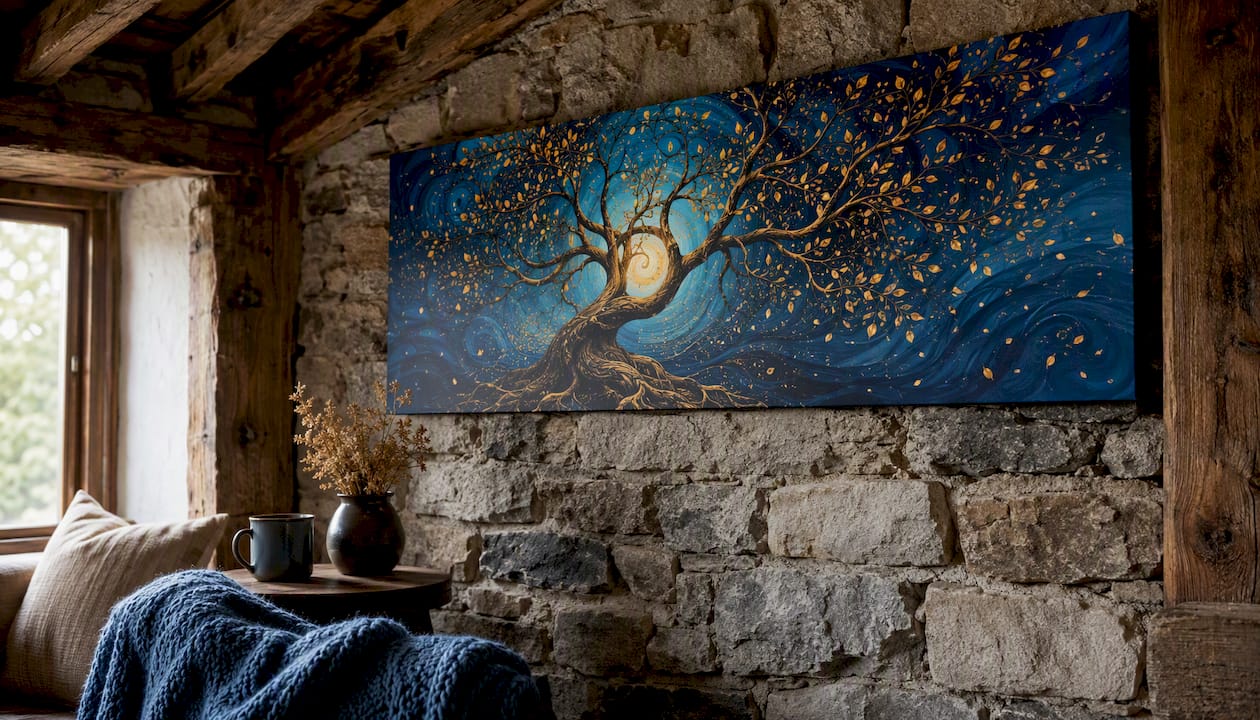 Large vertical canvas art below vaulted wooden beams