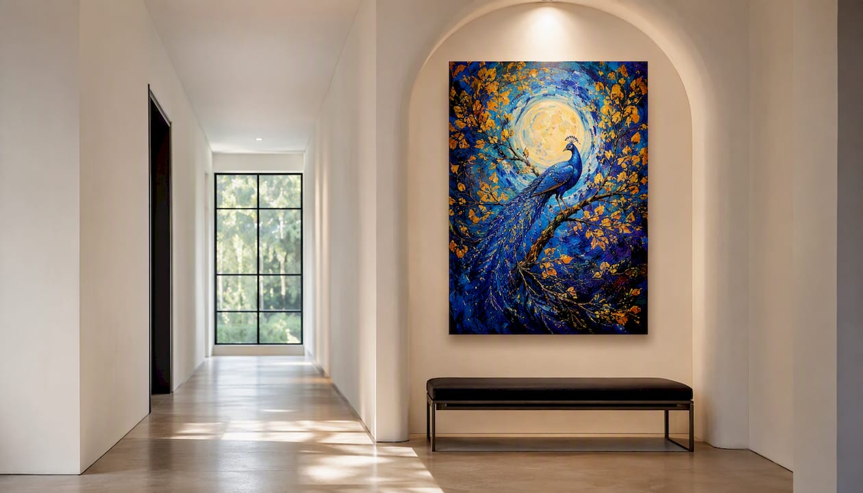 Bold canvas art centered in minimalist archway hallway