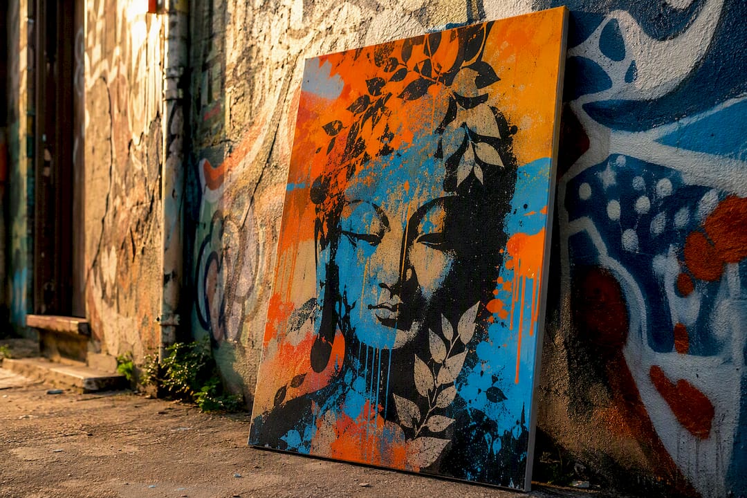 Textured street art canvas with drips and stencils