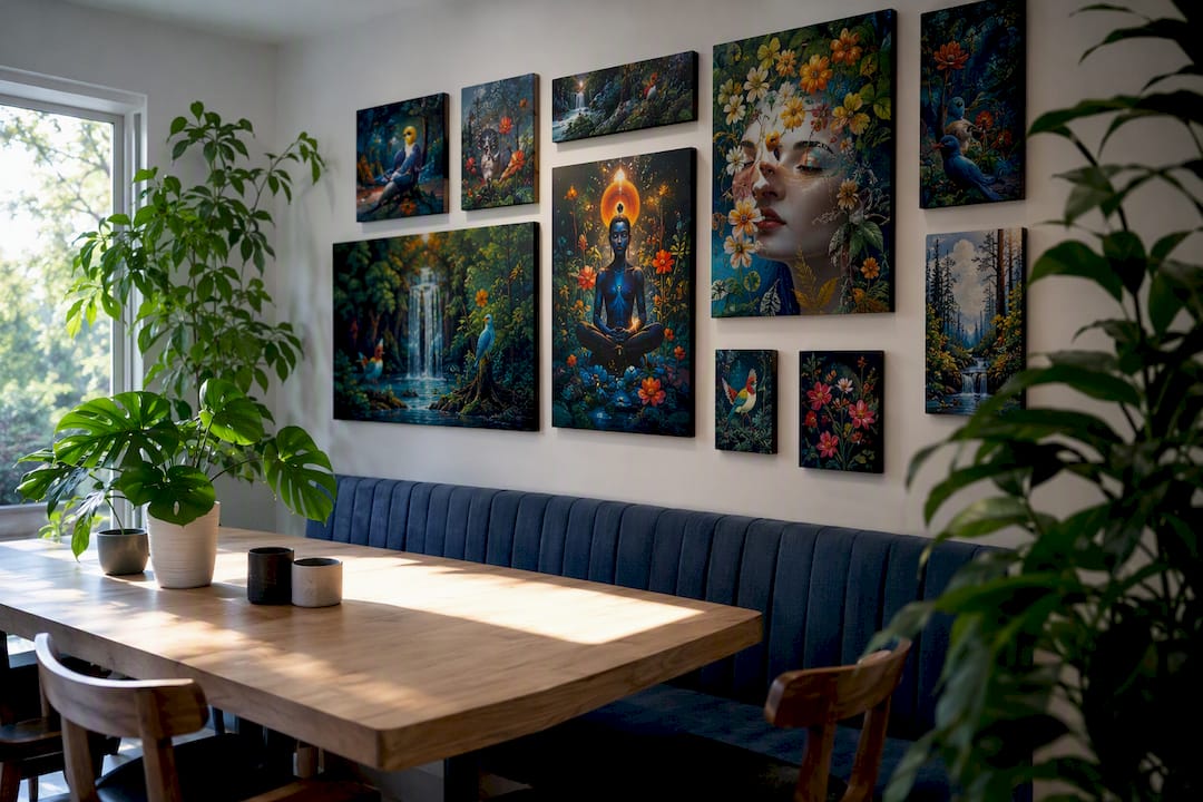 Gallery wall grouping arranged above sofa