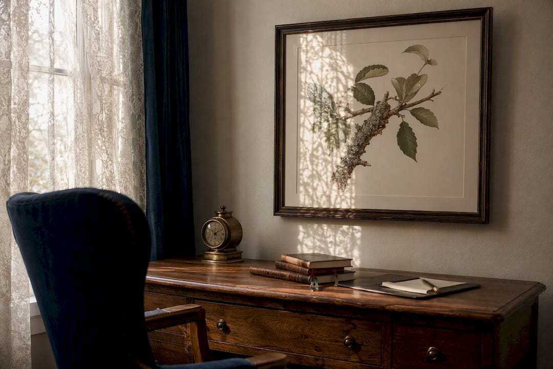 Botanical tree illustration in a formal study room