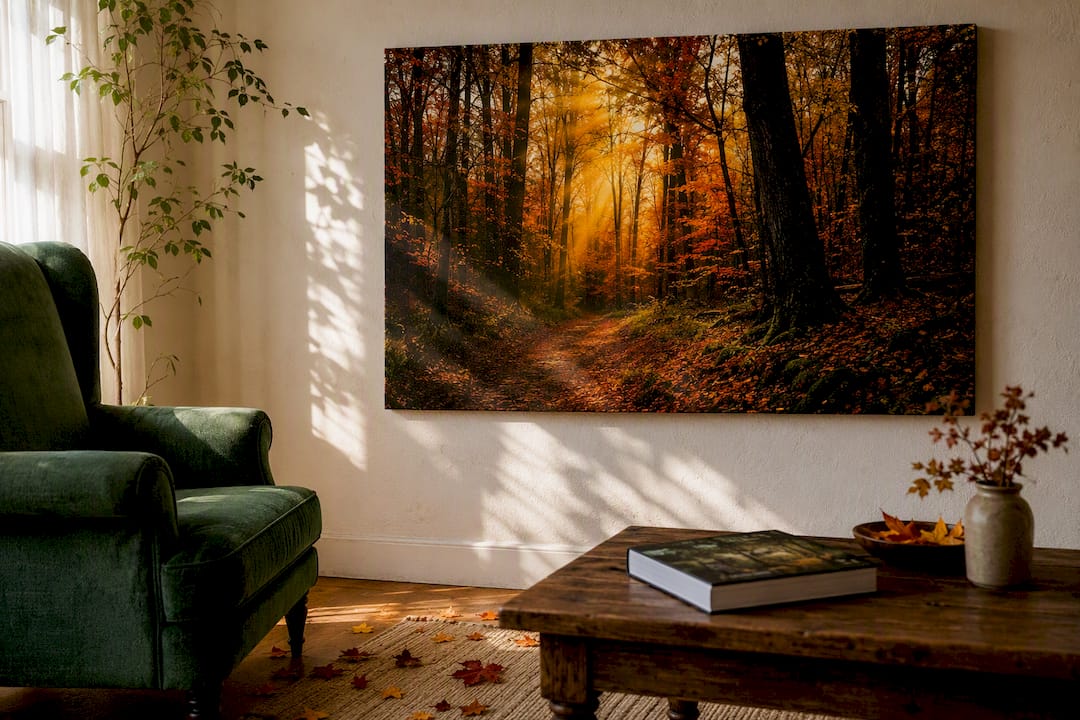 Cinematic autumn forest photographic print on wall