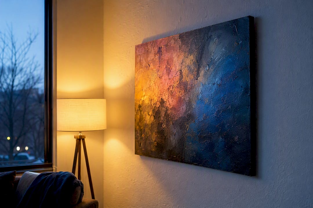 Abstract painting showing color shifts under varied light