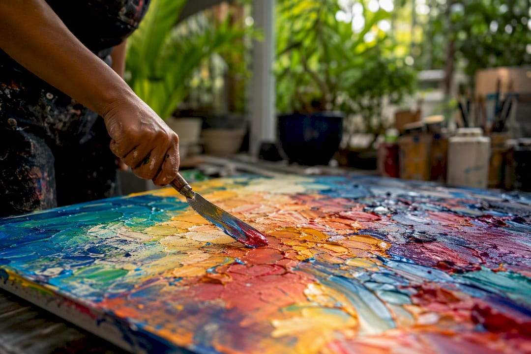 Palette knife creating textured paint strokes