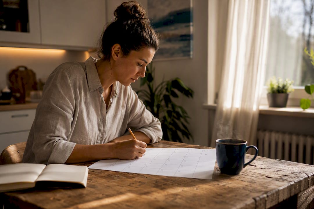 Person calculating order-by dates on calendar