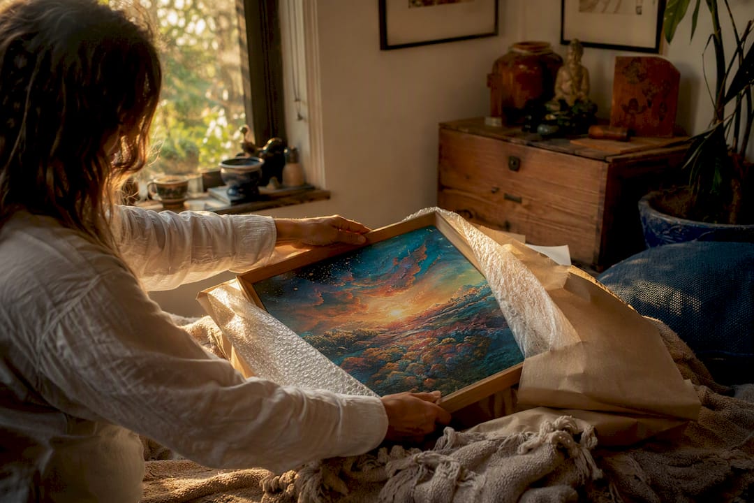Hands inspecting wrapped canvas art
