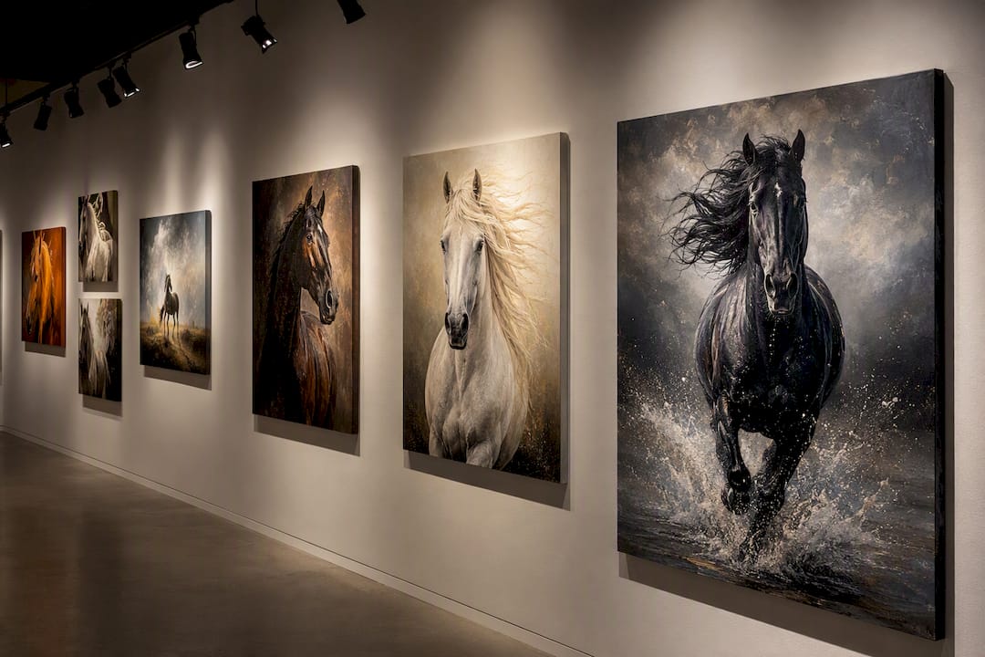 Gallery wall with horse art under track lighting