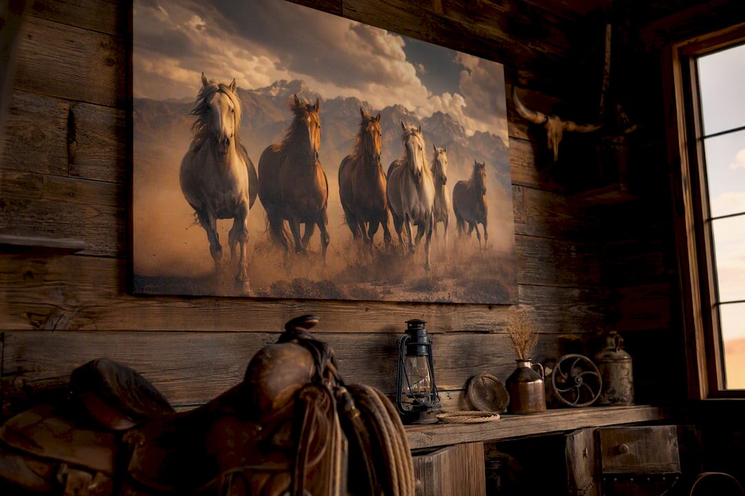Western rustic wall with horse canvas and real tack