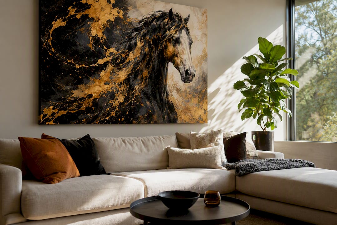 Large horse canvas above living room sofa