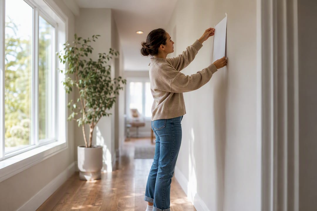 Hands taping scripture verse print on wall