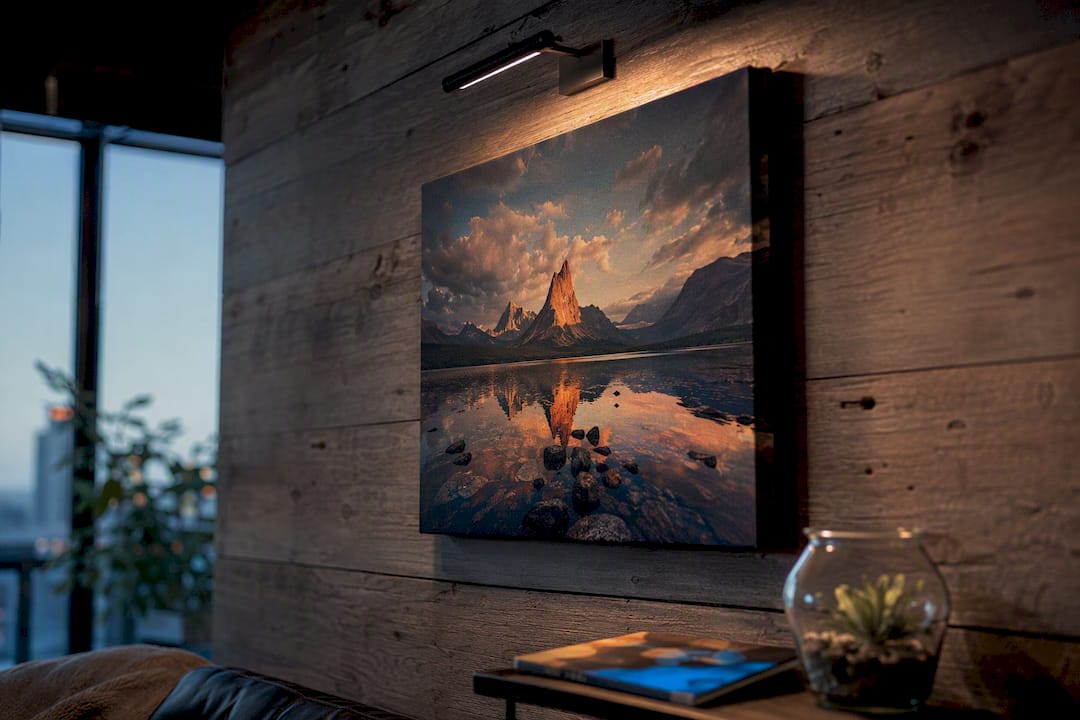 Scripture canvas illuminated by angled picture light