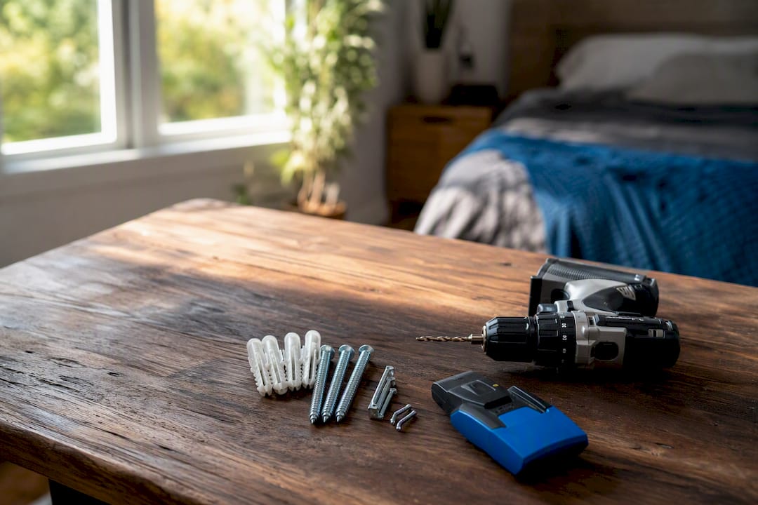 Heavy-duty wall anchors and mounting tools on bedroom wall