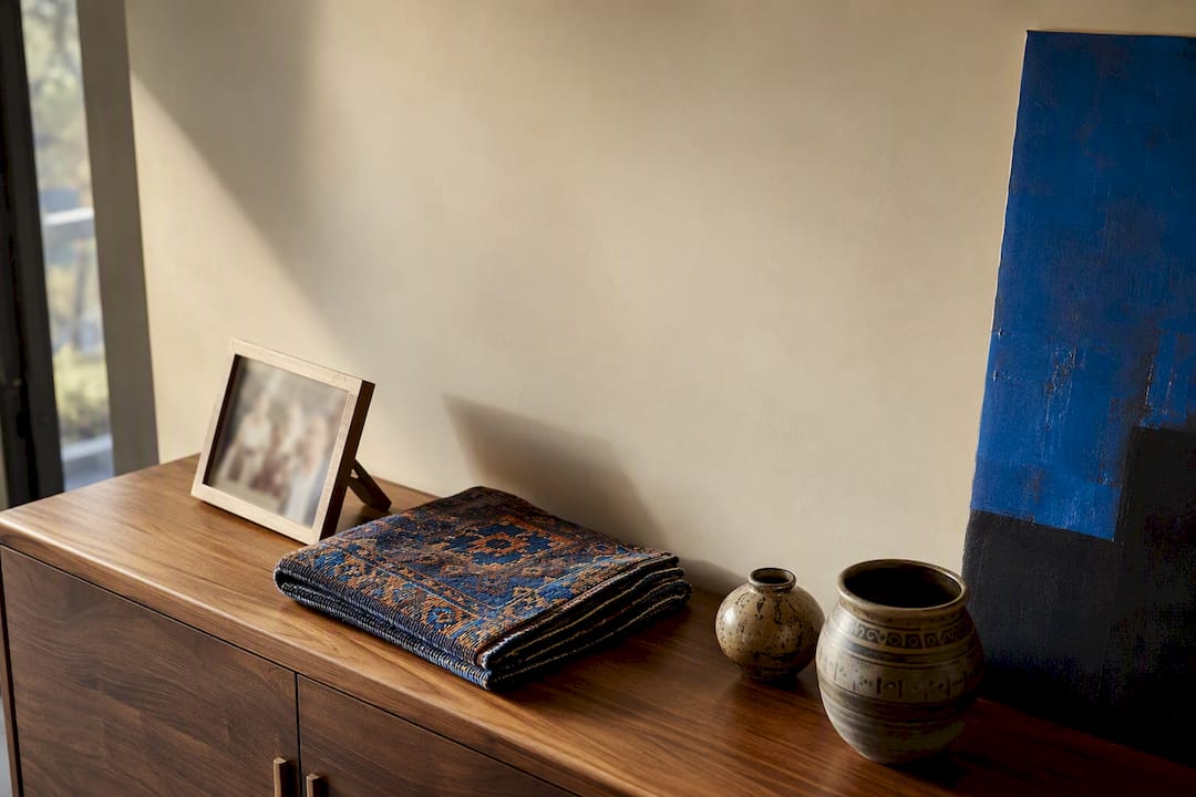 Personal photographs textiles and ceramics on sideboard