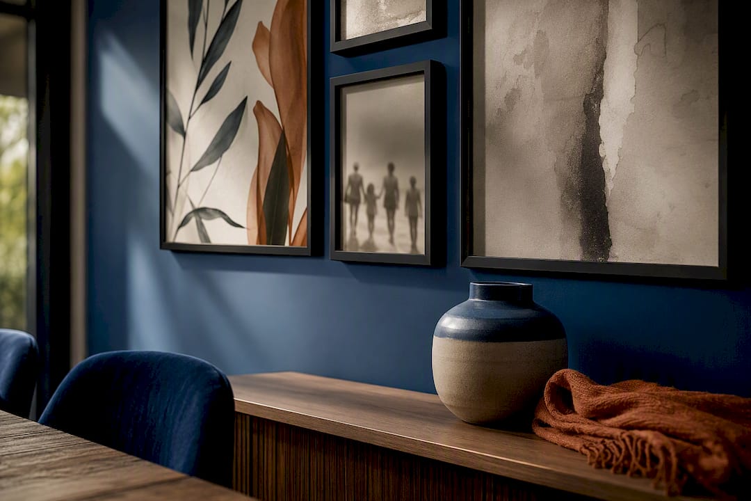 Curated gallery wall with varied framed pieces