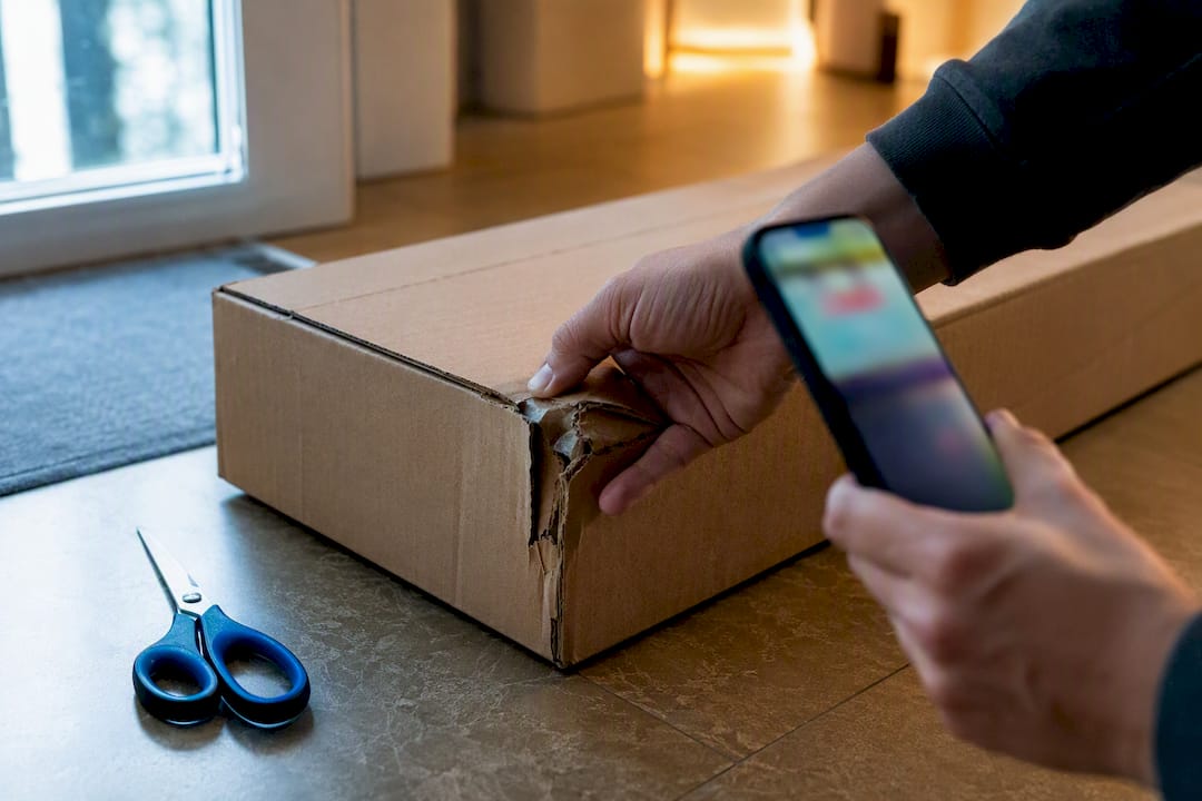 Hands inspecting a damaged shipping box