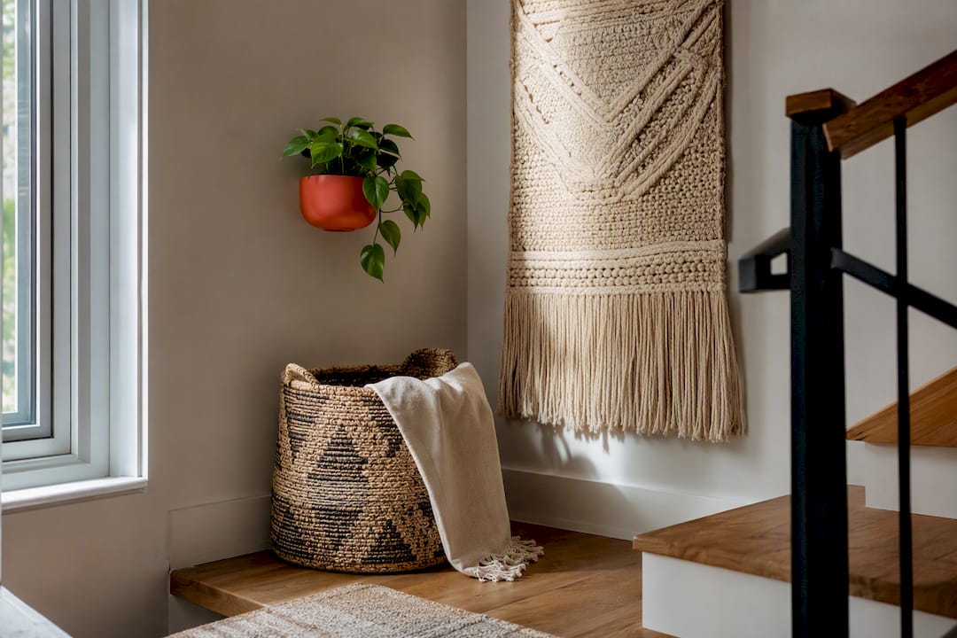 Woven basket and planter on stair landing