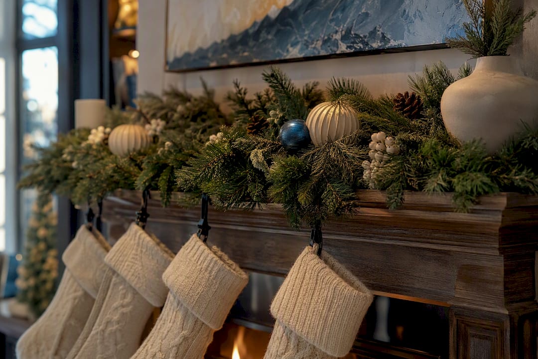 Winter garland and stockings beneath fireplace artwork