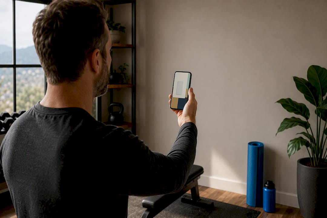 Phone previewing artwork on an empty gym wall