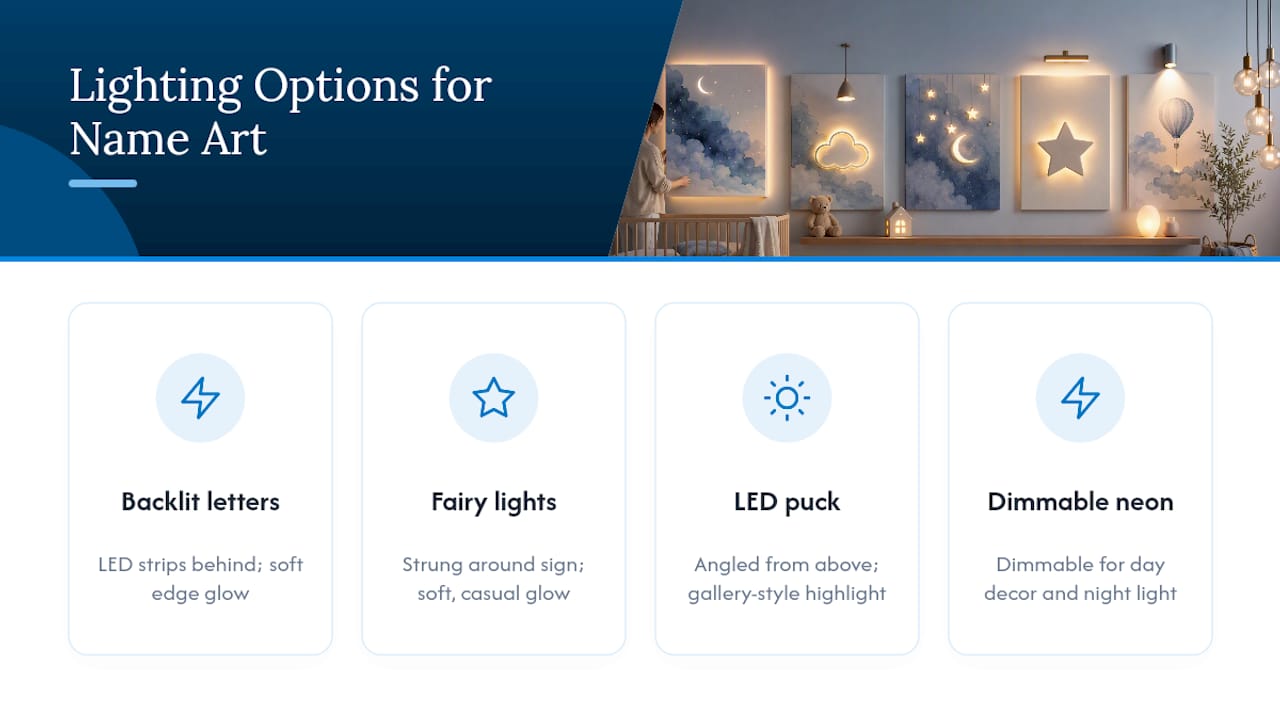 Four lighting options for name wall art