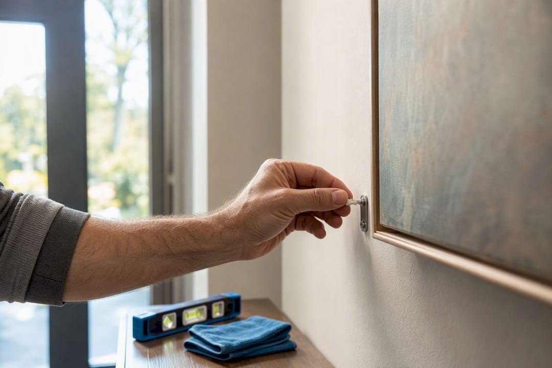 Hand checking hallway artwork hanging hardware