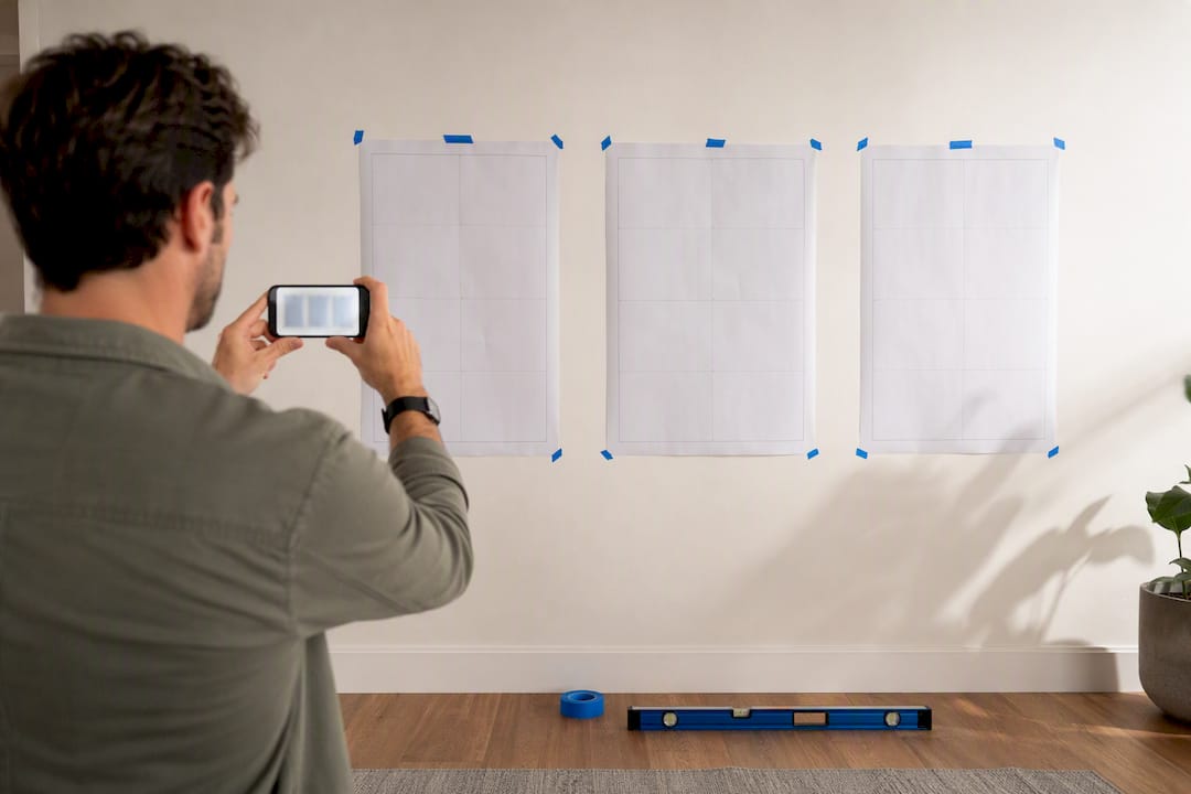 Photographing taped triptych wall templates