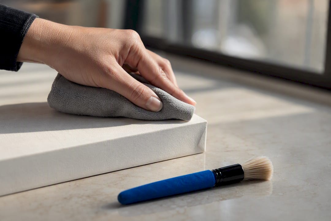Microfiber cloth dusting a canvas corner