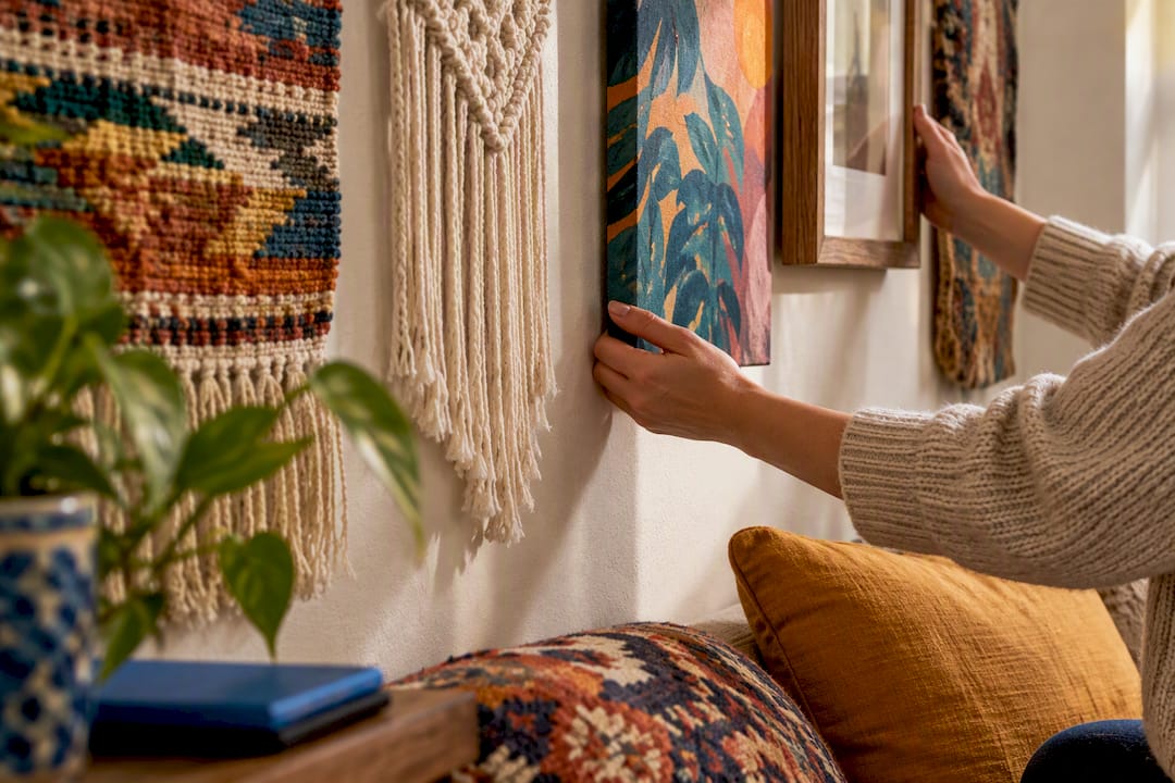 Hands arranging layered boho wall textures