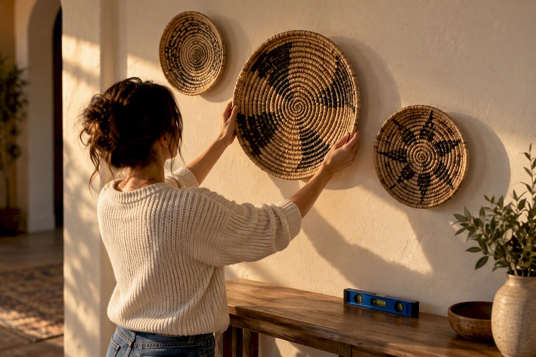 Woven baskets arranged on hallway wall