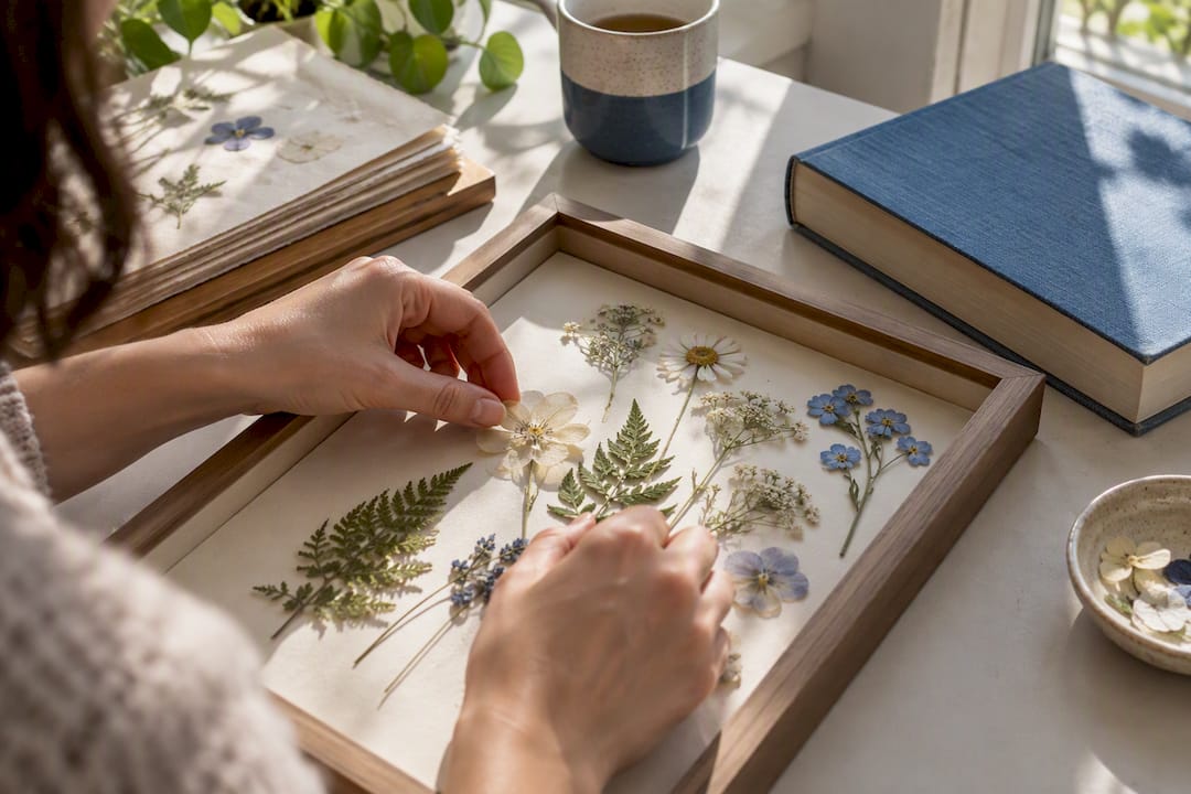 Hands arranging pressed flowers in frame