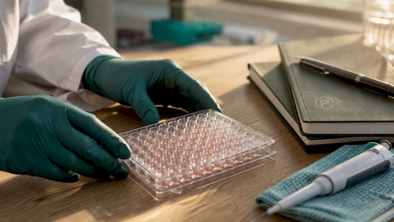 Scientist handling immune cell multiwell plate