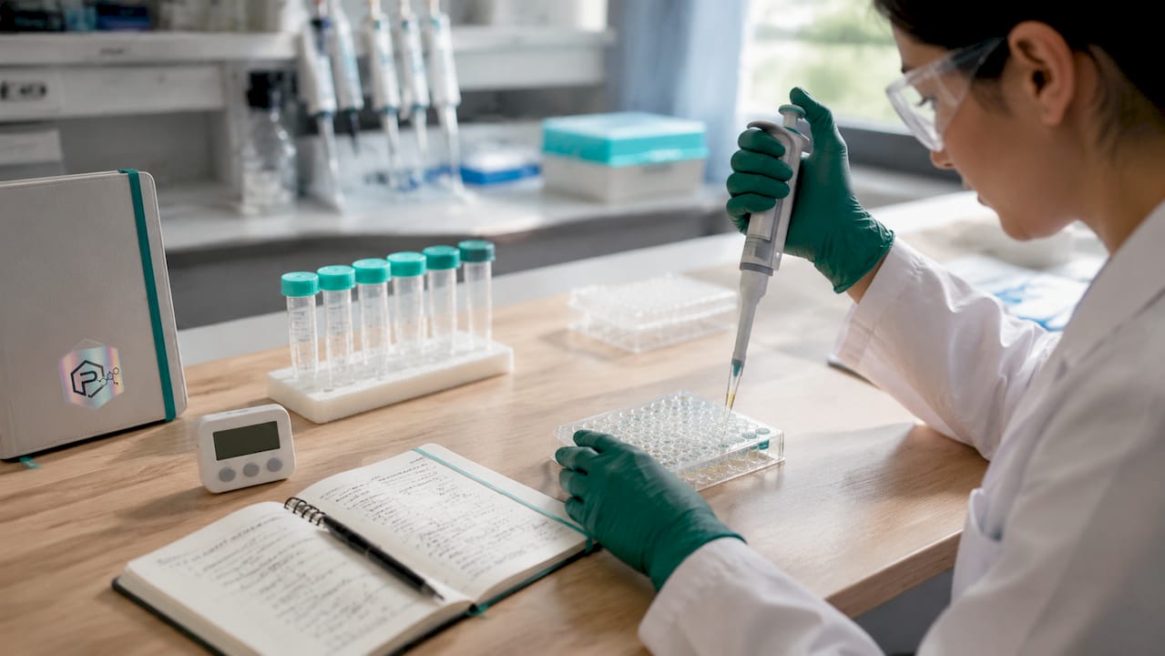 Hands pipetting peptide solution into culture plate
