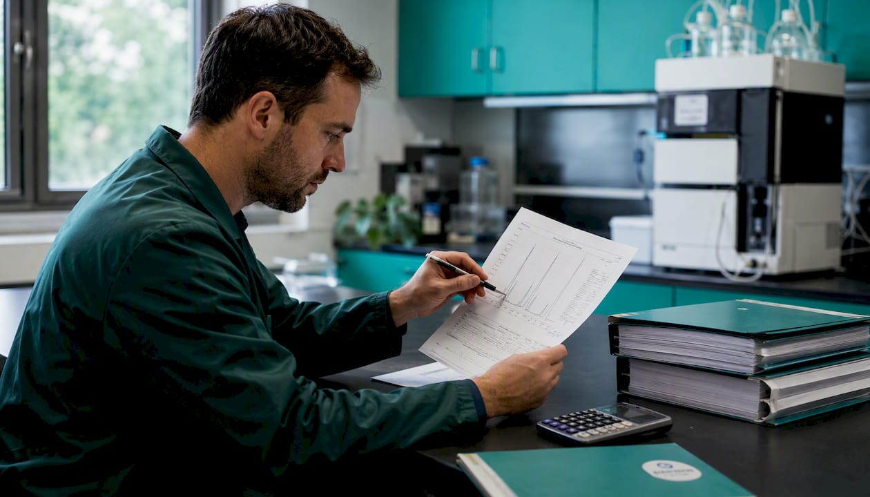 Hands analyzing printed HPLC chromatogram report
