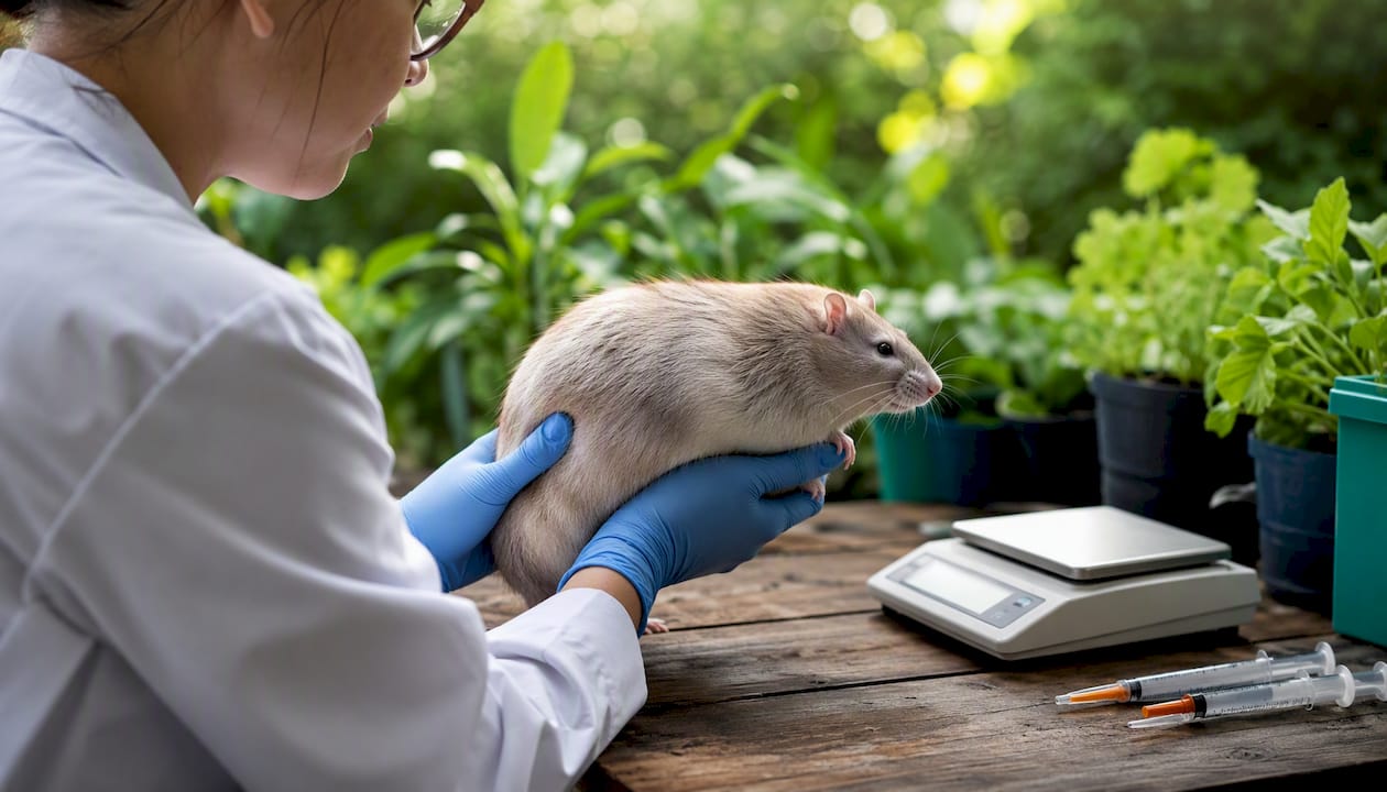 Researcher handling obese rodent model in lab
