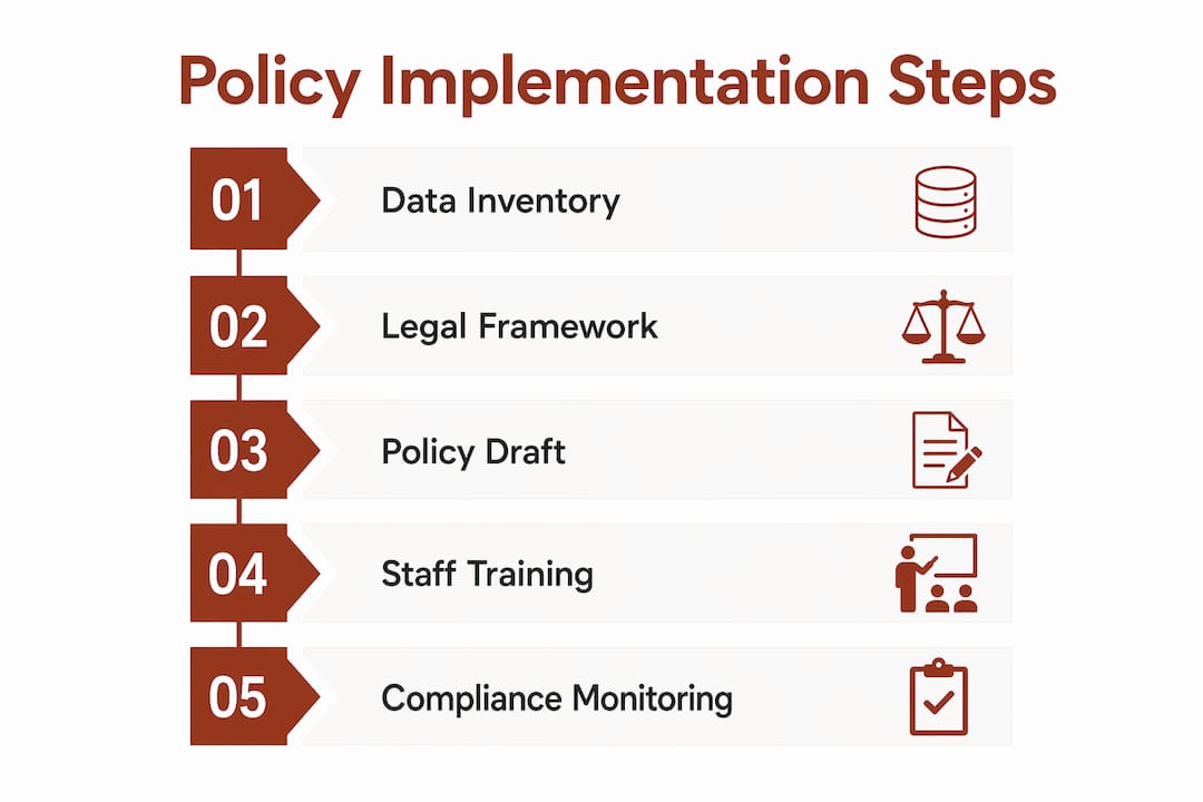 Infographic illustrating data privacy policy implementation steps in schools