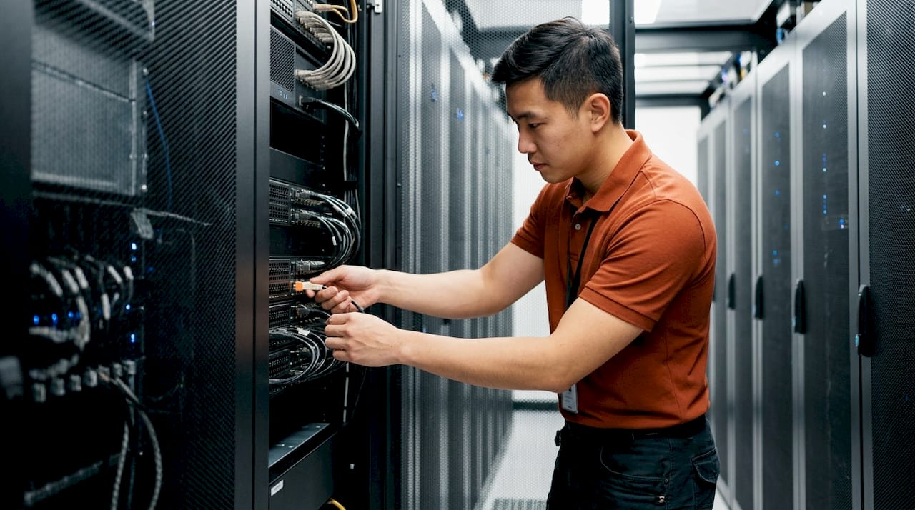 Hands connecting network cable in data center