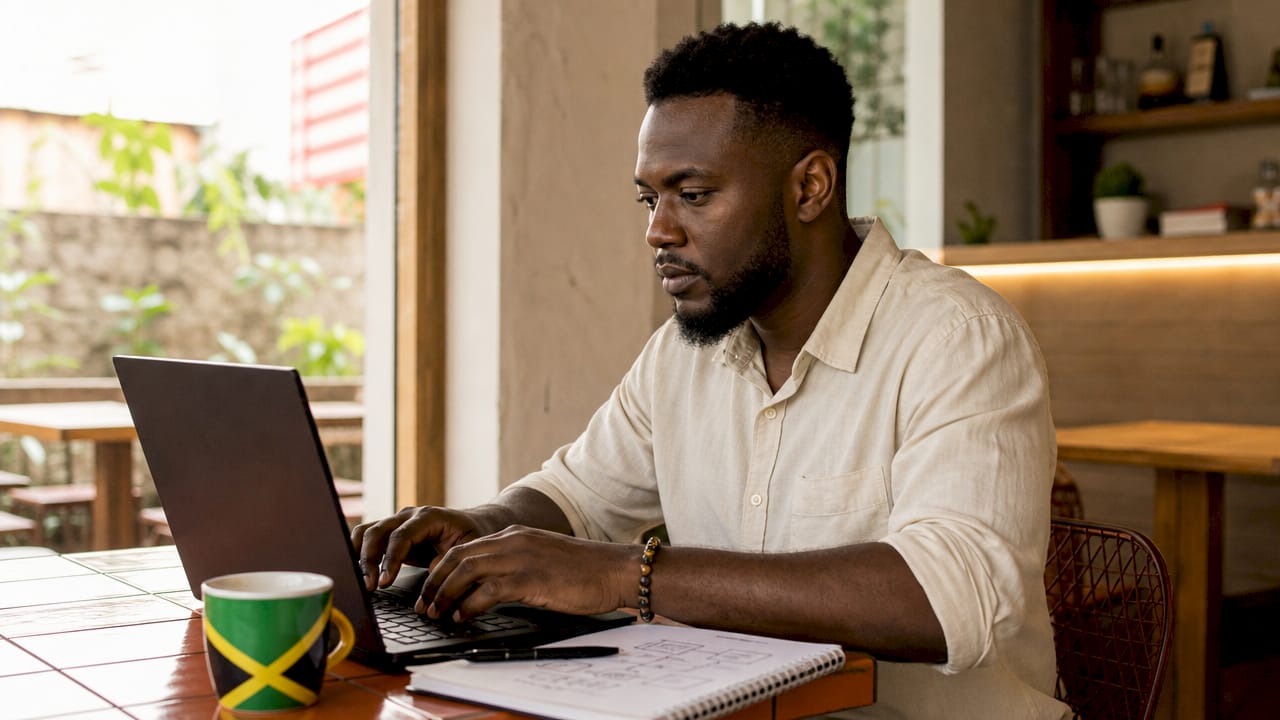 Hands typing laptop with Jamaican coworking space