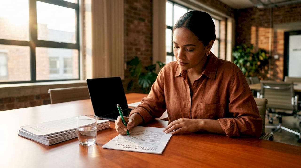 Hands annotating data sovereignty compliance documents