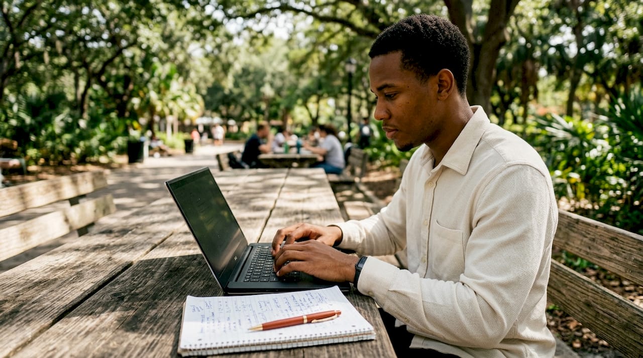 Close-up side view of man typing at co-working desk