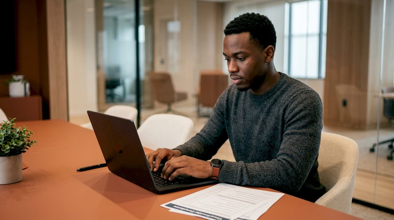 Hands typing next to cloud compliance documents