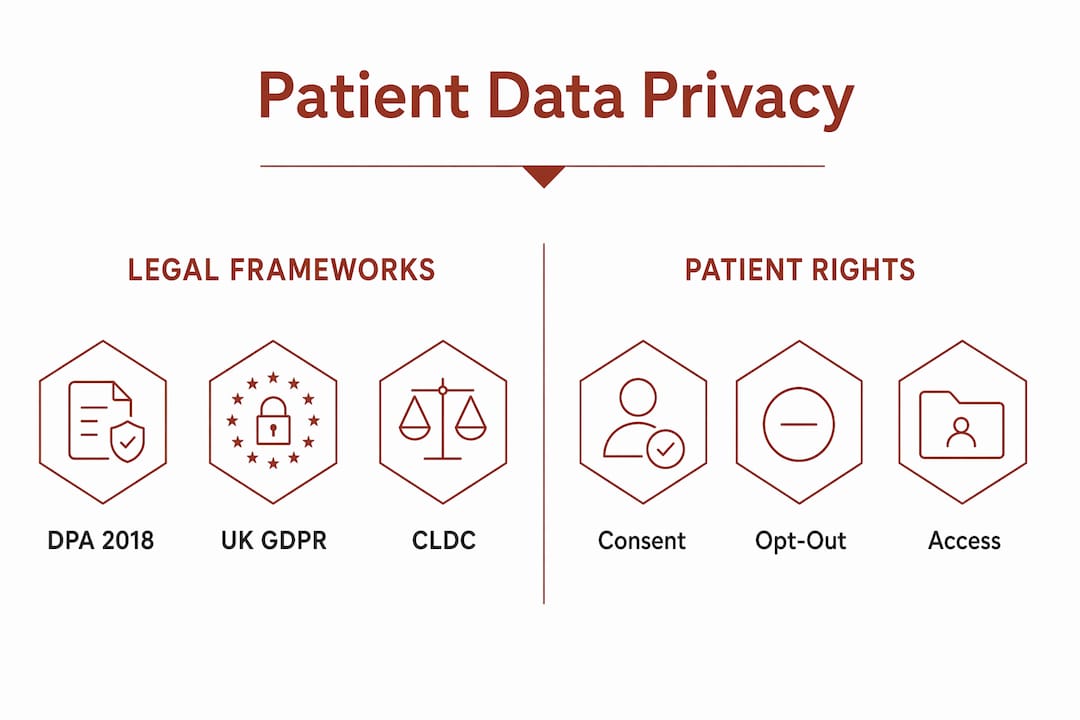 Infographic comparing legal frameworks and patient rights for data privacy